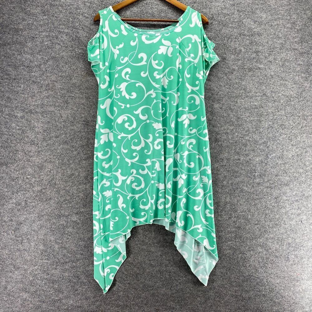 5/$45 Bella Berry Dress Women L Large Green Floral Shift Short Cold Shoulder